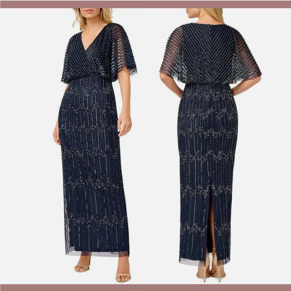 NWT $329 Adrianna Papell [ 0 ] Embellished Flutter Sleeve Gown in Navy Blue Q519 - Picture 1 of 15